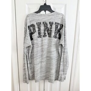 PINK Victoria's Secret Long Sleeve Shirt L Gray‎ Sequin Logo Y2K Cozy Lounge Tee